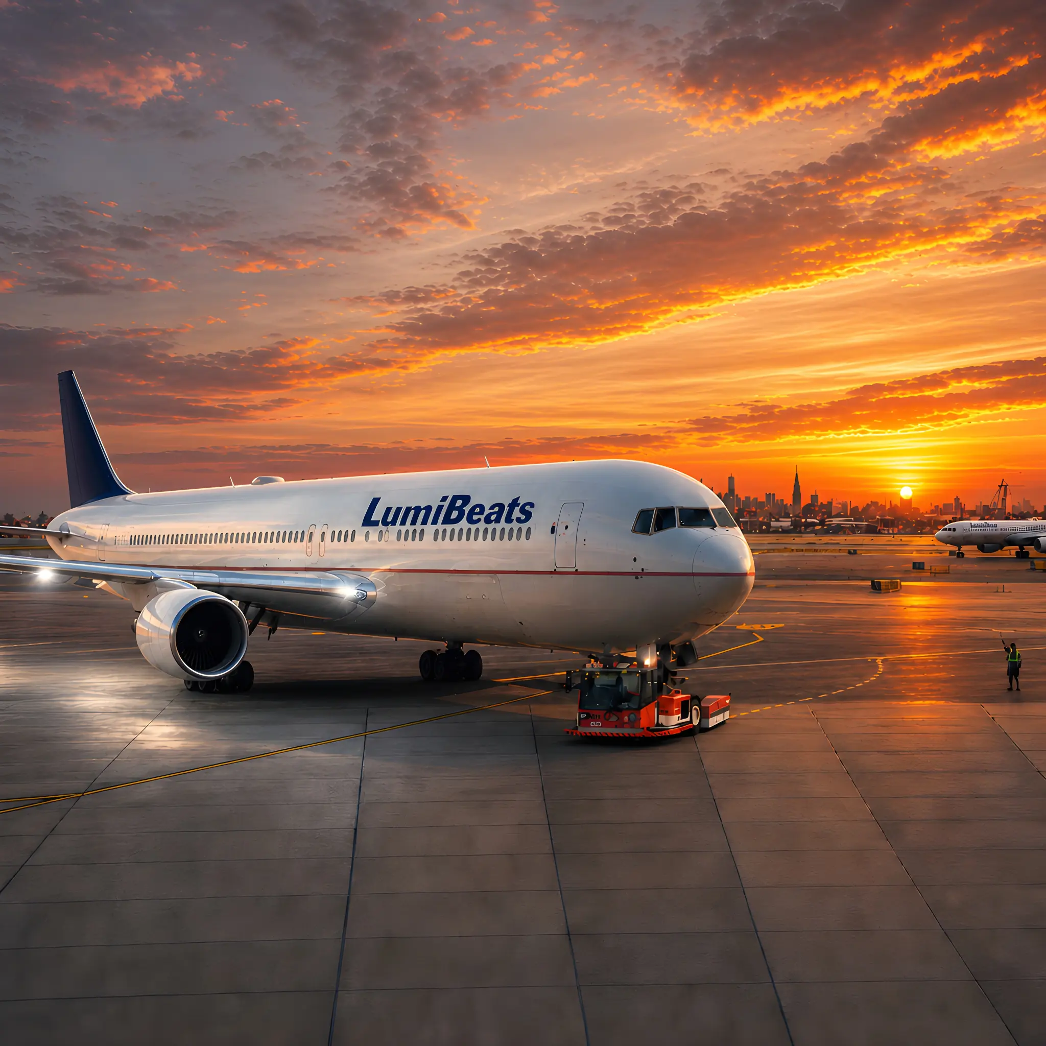 LumiBeats jet on an airport runway at sunset
